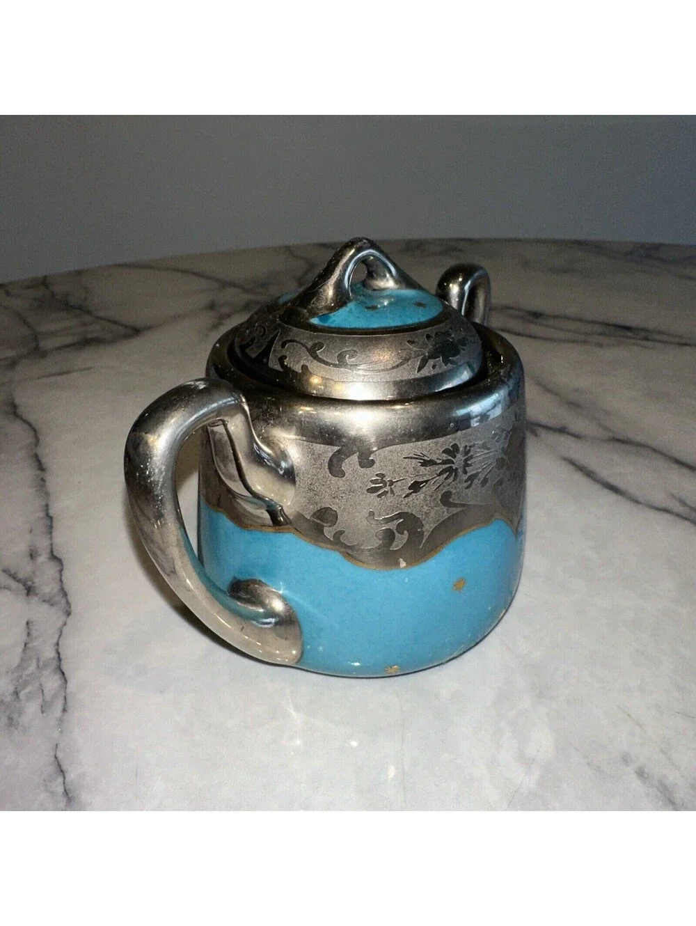 Brauer Hand Painted Lidded Sugar Bowl vintage Silver Chrome Gold Blue Art Deco